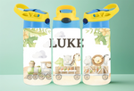 'SAFARI TRAIN' BLUE & YELLOW LID 12 OZ PERSONALISED TODDLERS WATER BOTTLE