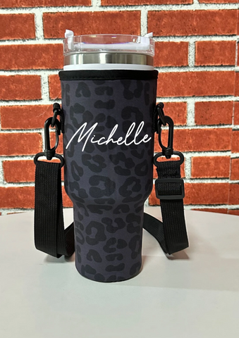 LEOPARD BLACK COVER WITH STRAPS FOR STANLEYDUPE 40 OZ