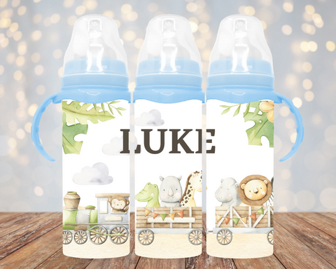 'SAFARI TRAIN' 8 OZ 240ML PERSONALISED BABY BOTTLE