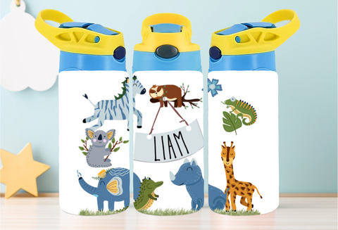 'WILD AT HEART' BLUE & YELLOW LID 12 OZ PERSONALISED TODDLERS WATER BOTTLE