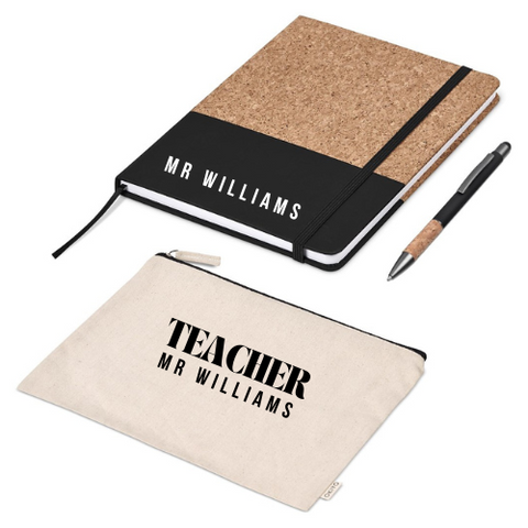 PERSONALISED TEACHER NOTEBOOK & PEN WITH COTTON A5 BAG