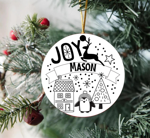 CHRISTMAS JOY BLACK & WHITE PERSONALISED TREE ORNAMENT