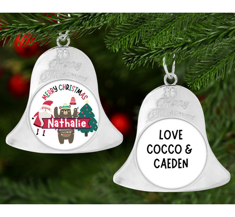 'CHRISTMAS CHEER' METAL BELL SHAPE PERSONALISED TREE ORNAMENT