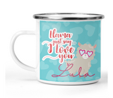 'LLAMA JUST SAY I LOVE YOU' PERSONALISED ENAMEL CUP